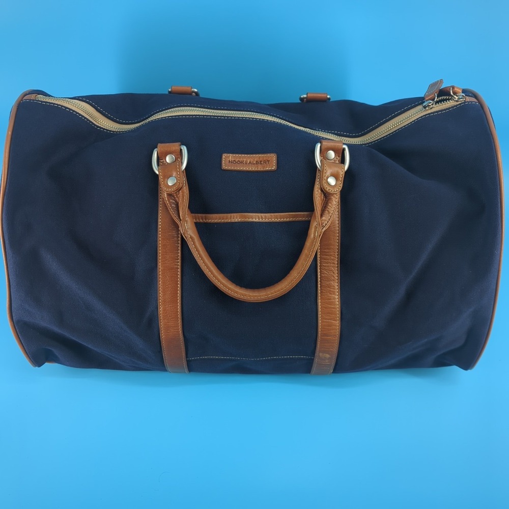 Hook & Albert Navy Blue Canvas Leather Weekender Duffle Travel Bag 21" Luxury